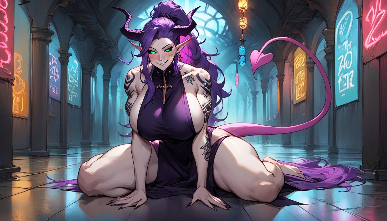 Elongated Limbs, Purple Haired, Nightclub AI Porn
