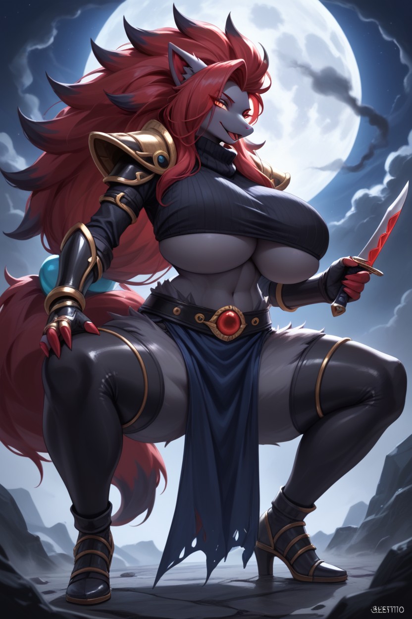 Massive Black Color Fox Tail Made Of Black Smoke, Full Body, Breasts Hanging Past Stomach Hentai AI Porn