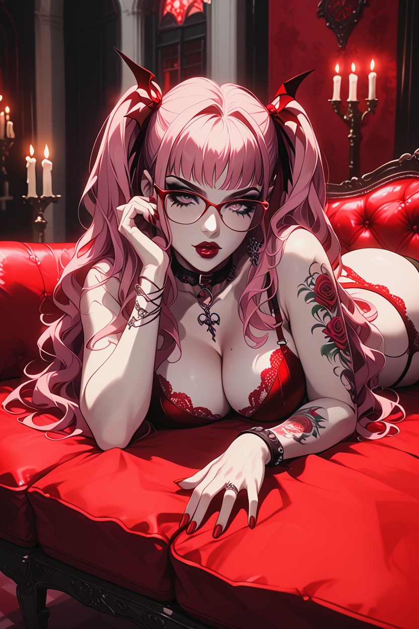 Sexy Glasses, Two Ponytails, Dark Makeup Hentai AI Porn