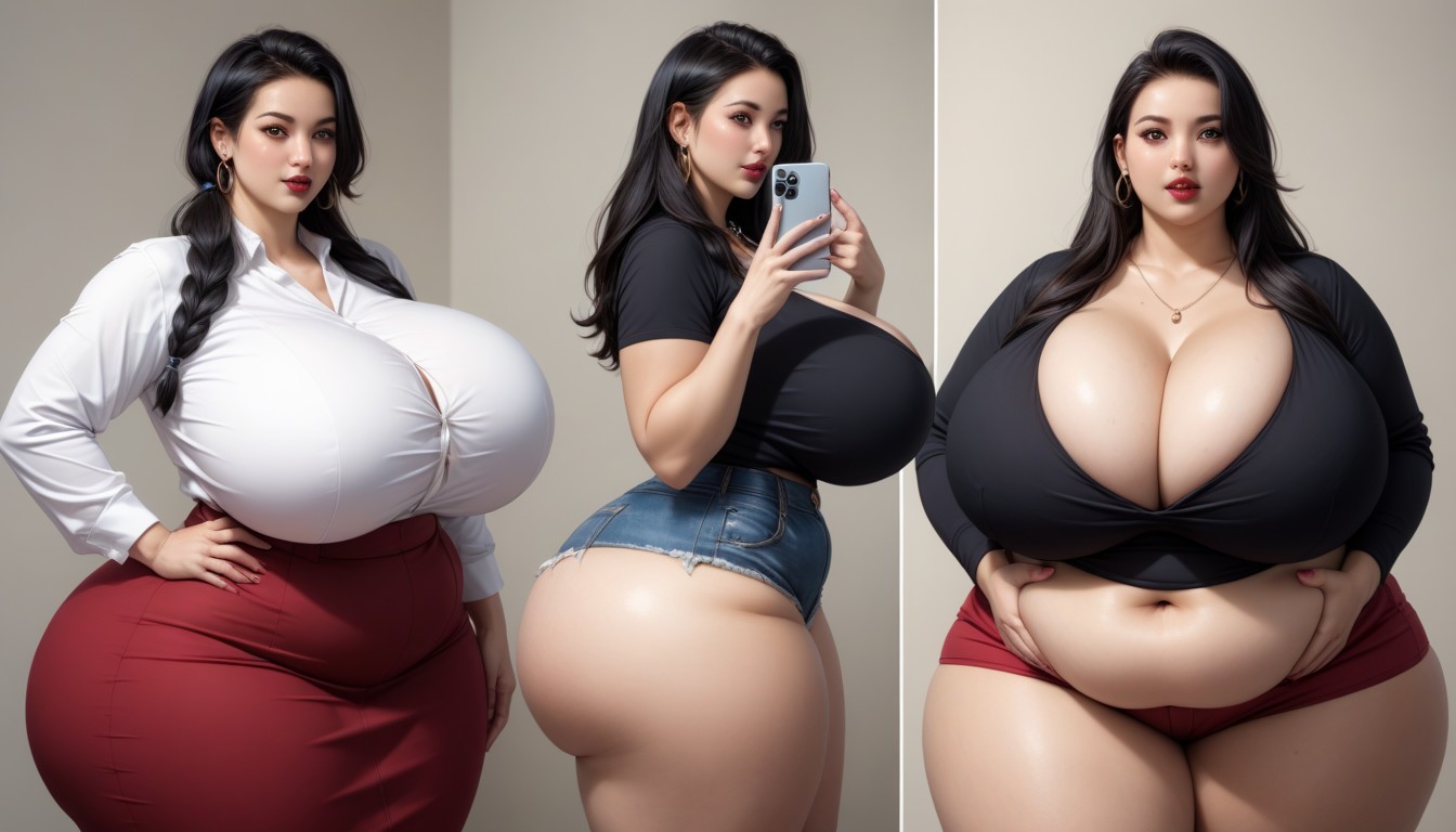 Multiple Views, The Most Perfect Split Screen Veiws Of Her Going Thought An Ultra Mega Massive Busty Weight Gain In Sequence, Fat Gothic BBW AI Porn