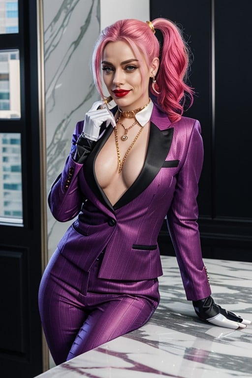 Smirking With Smudged Red Lipstick, Wall To Wall Windows Of The City, Edge To Edge Framing And Full Figure AI Porn