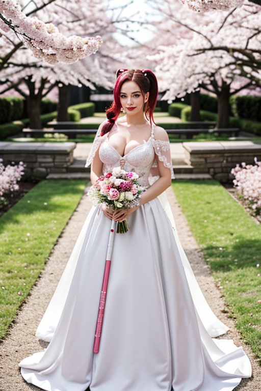 No Crop Full Figure Composition, Hair Dye Accents On White Lace, Zoomed Out Showing Full Dress AI Porn