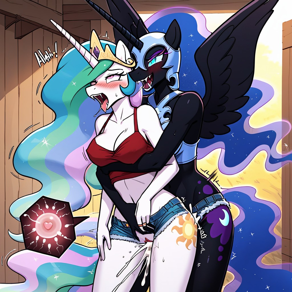 Both Dressed In Denim Clothes, Ahegao, Nightmare Moon Pressed Herself Against Princess Celestia Furry AI Porn