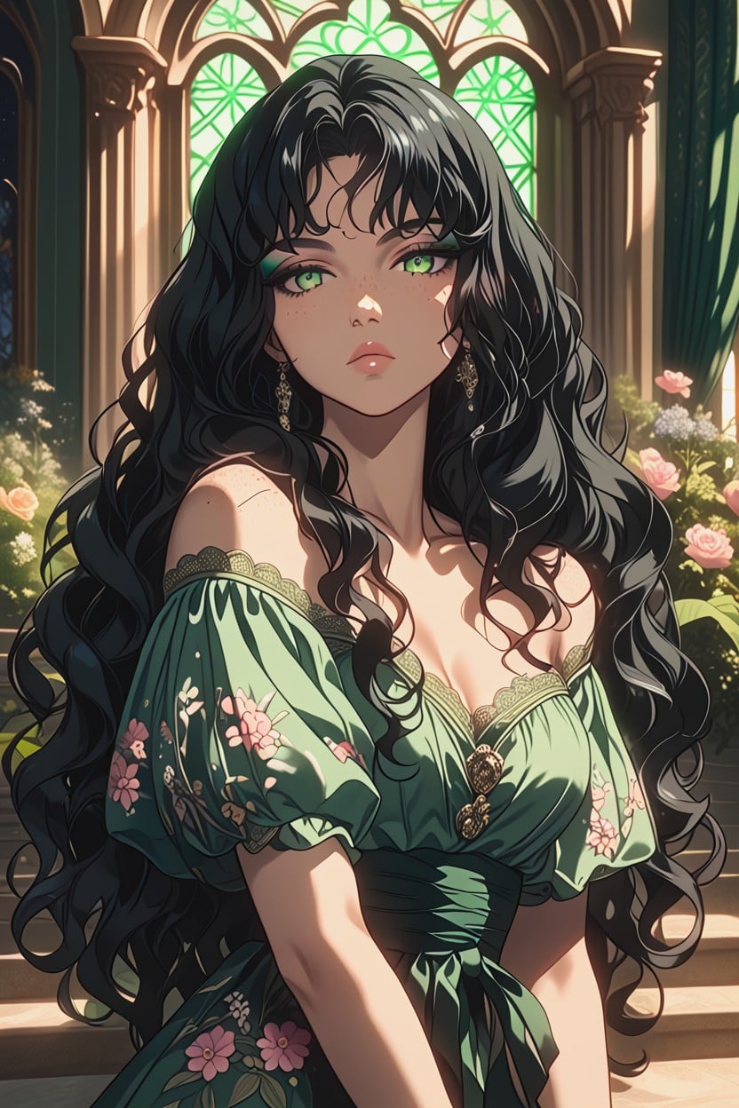 Garden Background, Black Hair, Green Eyes AI Porn