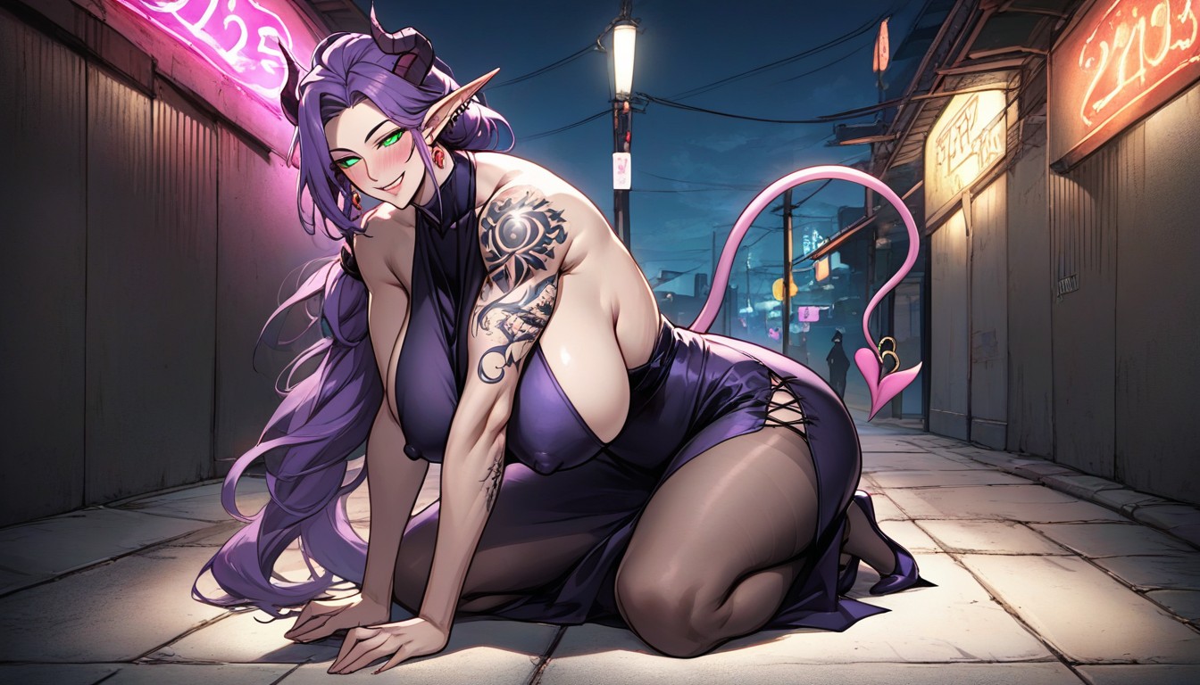 Piercings, Nightclub, Sheer Purple Cheongsam With Silver Trim AI Porn