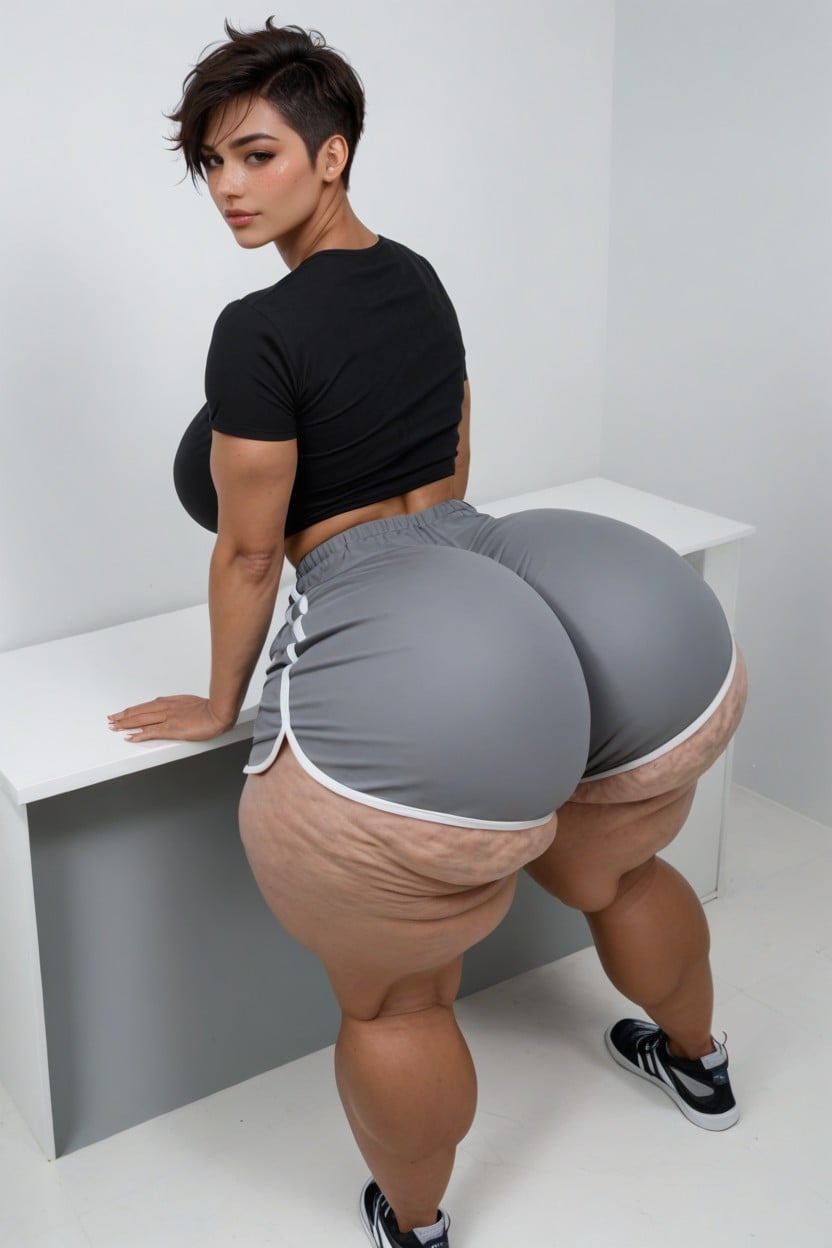 Grey Shorts, Side View, Thick Hyper Thighs AI Porn