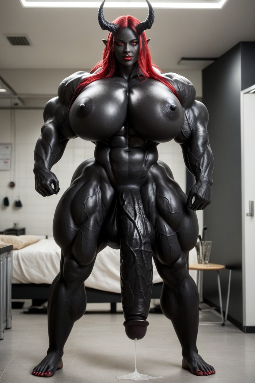 Thick Thighs, Futanari Penis Dripping Pre Cum, Hyper Black Balls Shemale AI Porn