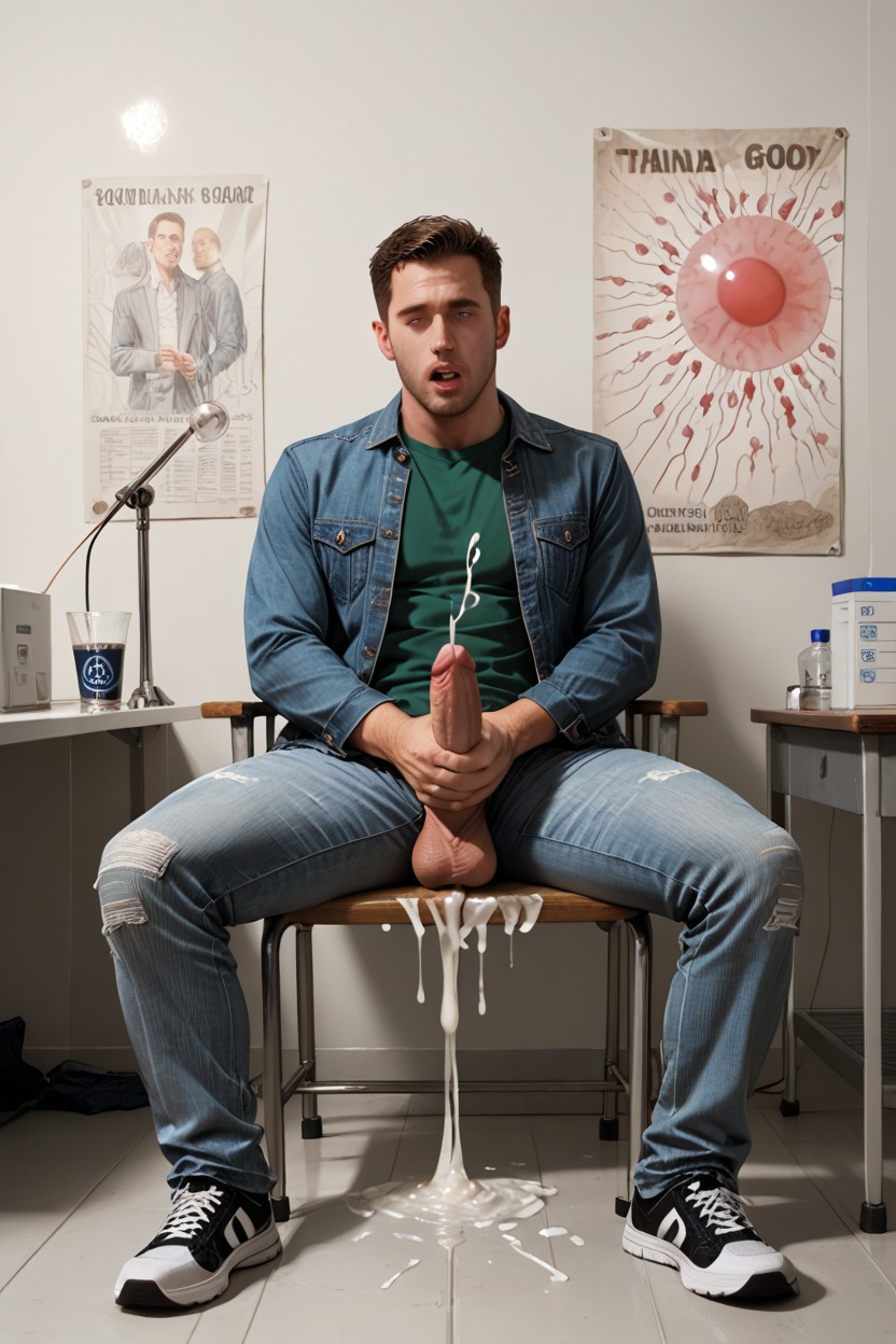 Faded Jeans, Faded Denim Jacket, Spraying Sperm AI Gay Porn