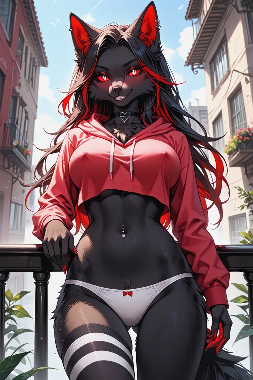 Erect Nipples, Light Blue And Pink Hoodie, White Eyes Furry AI Porn