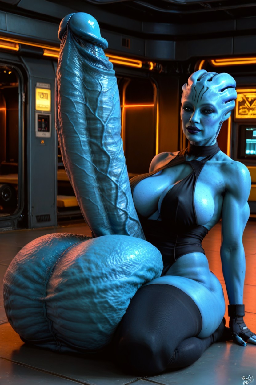 Looking At Viewer, Her Absurdly Gigantic Testicles Hang Heavily To The Floor, Space Futuristic Clothing Shemale AI Porn