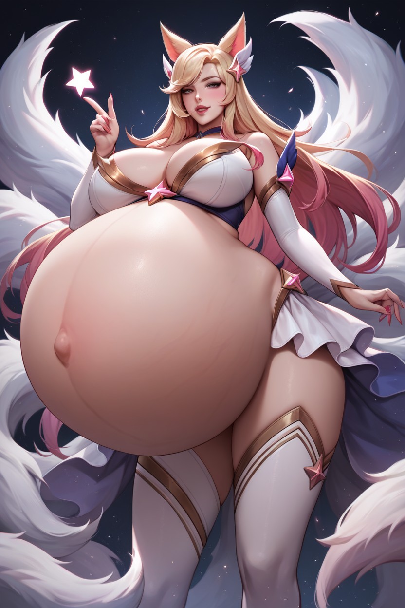 A model with a gigantic pregnant belly