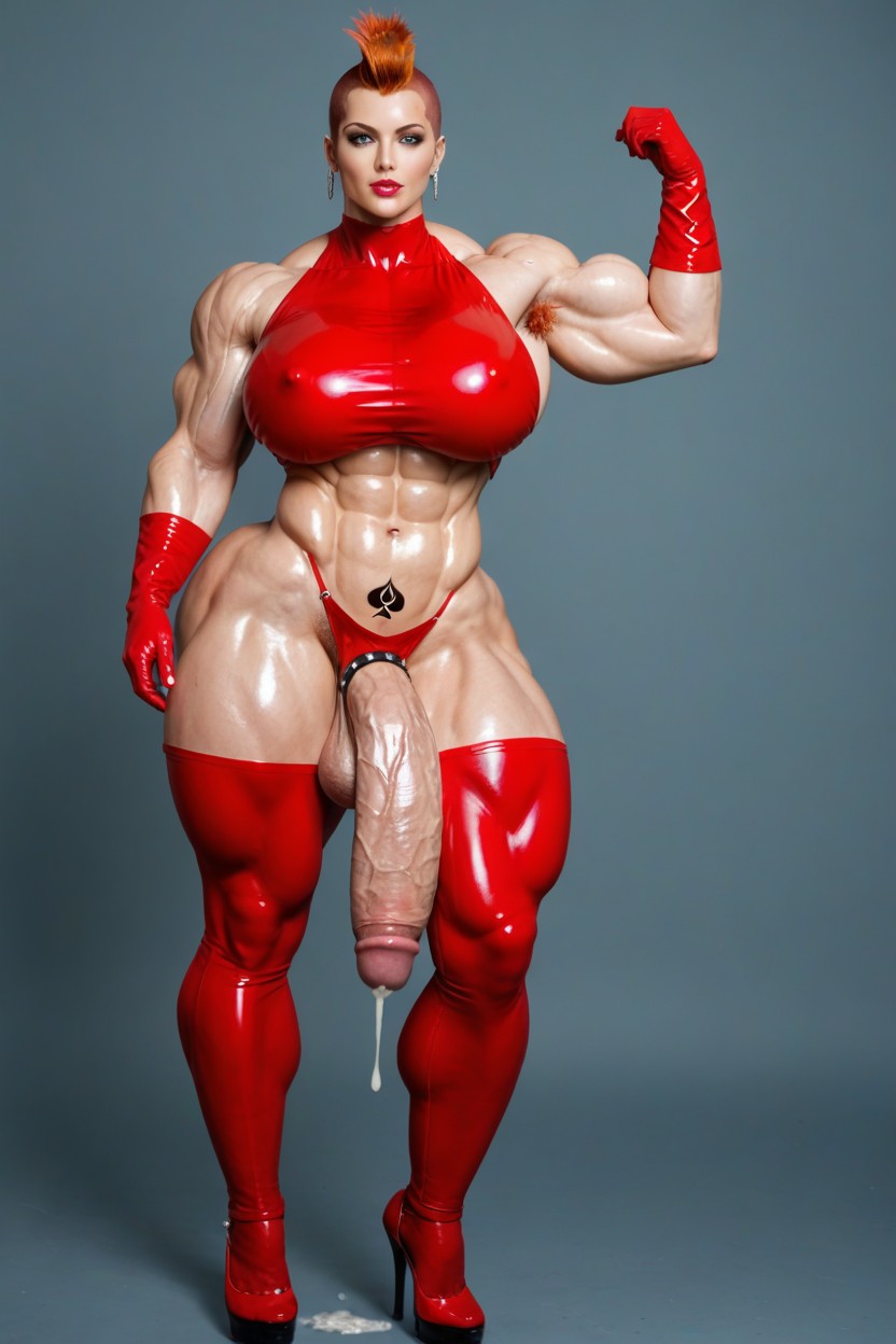 Enormously Massive Muscles, Pink Lipstick, Red Latex Shoulder Length Gloves Porno shemale IA