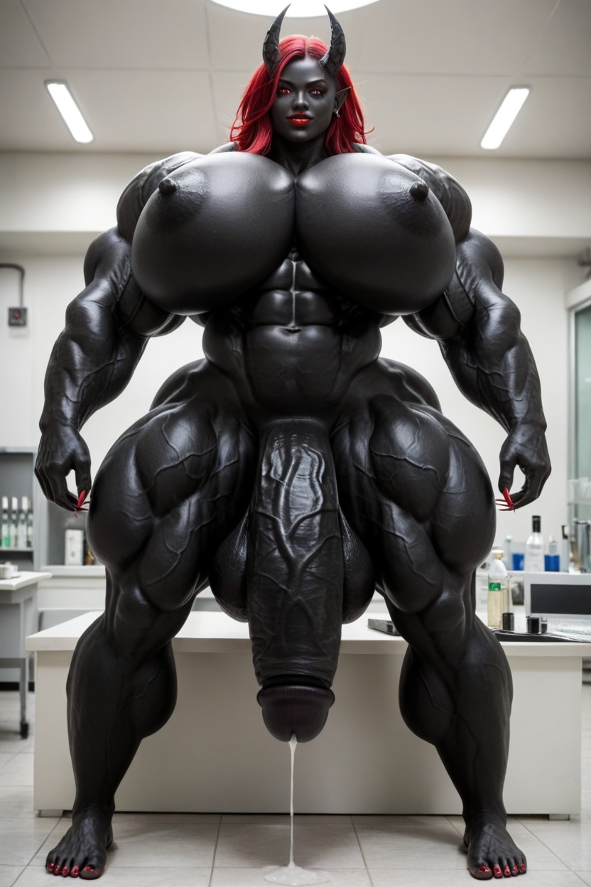 Head Touching The Ceiling, Devil, Black Barefoot Shemale AI Porn