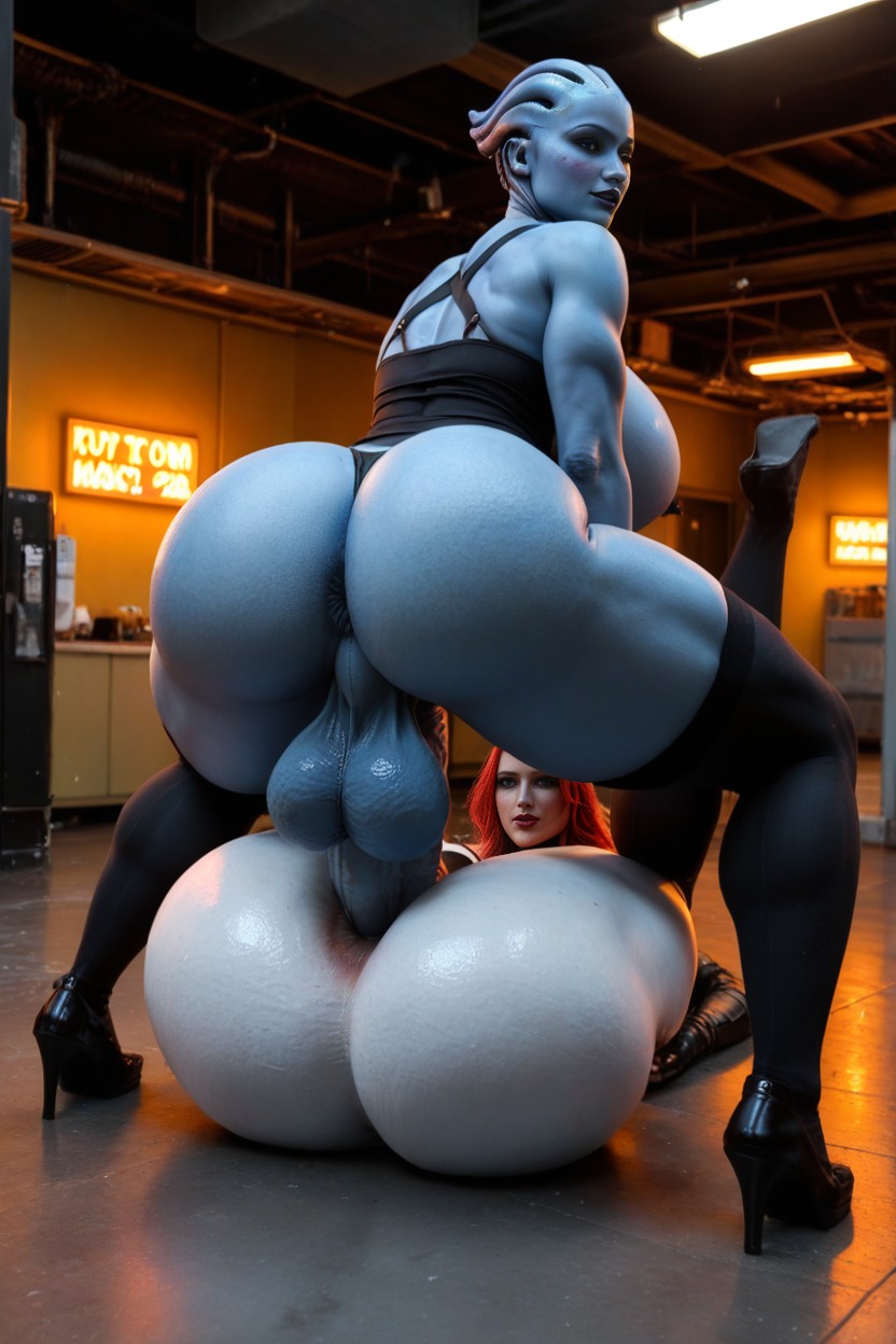 Size Comparison, Her Absurdly Gigantic Testicles Hang Heavily To The Floor, Full Body Shemale AI Porn