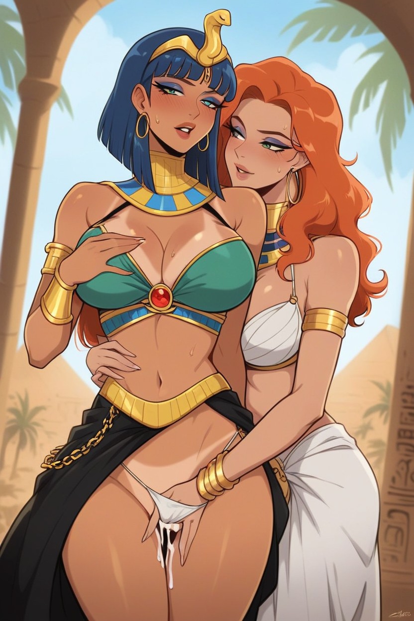 Breasts Grabbed From Behind, Redhead In Front Being Fingered, Sexy Busty Egyptian Princess Hentai IA pornografia