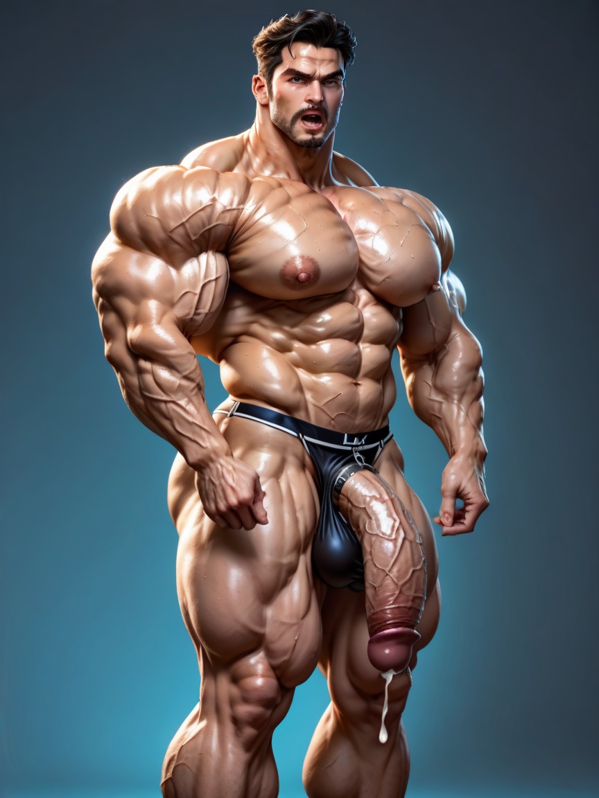Side View, Mouth Agape, Hyper Huge Uncut Cock AI Gay Porn