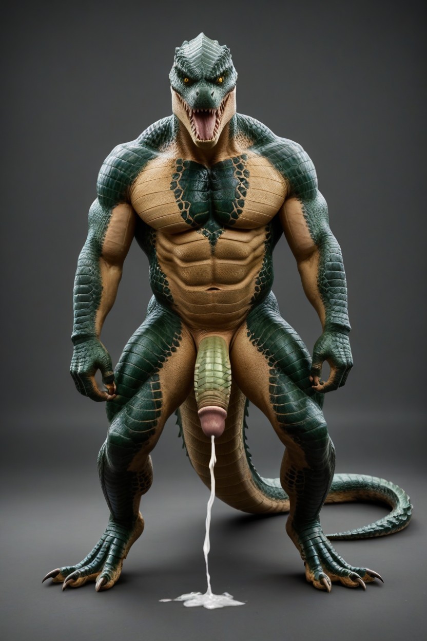 Alien Cloacal Genitals As A Scaled Green Slit With Emerging Tapered Reptilian Penis, Male, Five Curved Talons Per Foot AI Gay Porn