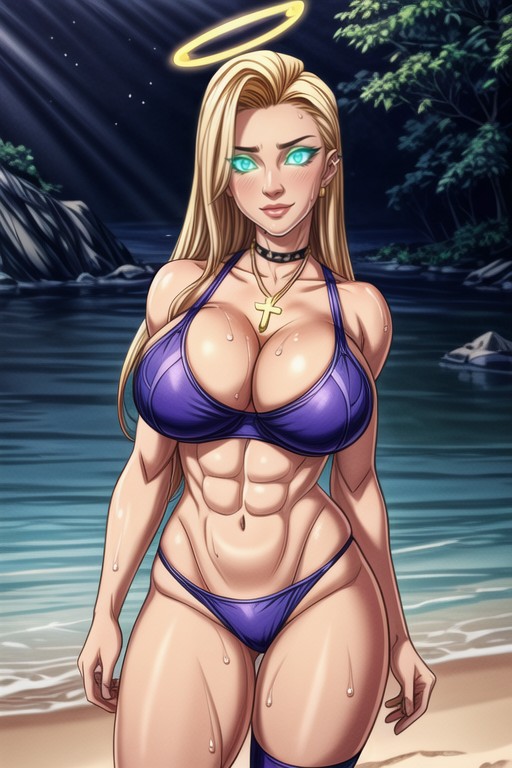 Oily Wet Skin, Flaunting Her Beautiful Abs, Beach Hentai AI Porn