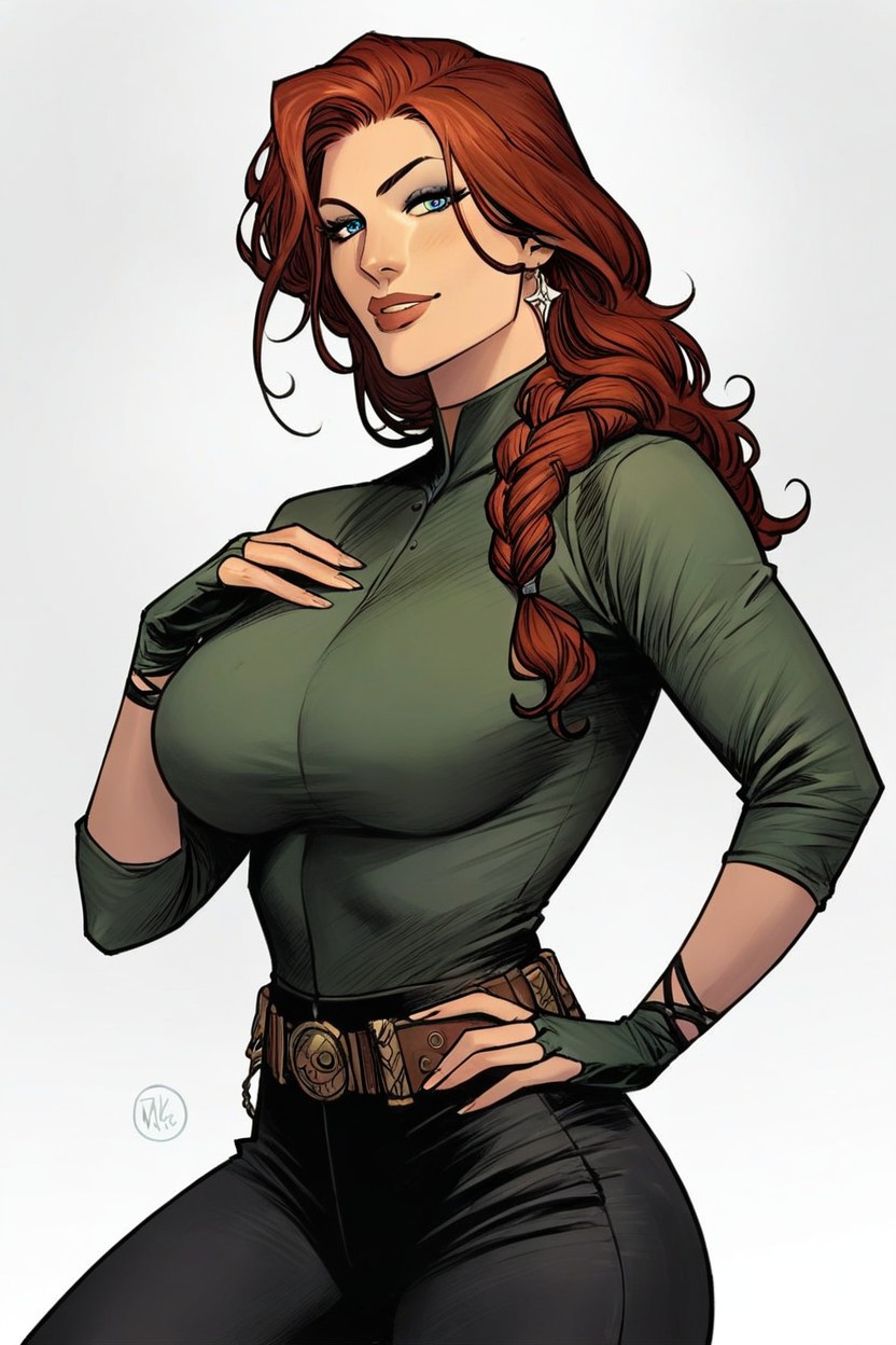 Long Sleeve Blouse, Wide Belt With Oval Buckle, Seductive Smile Hentai AI Porn