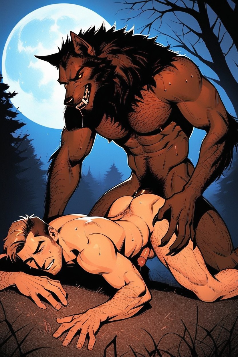 Hairy Balls, The Top Werewolf Has His Crotch Pressed Closely In Between His Lovers Buttocks, 18+ AI Gay Porn