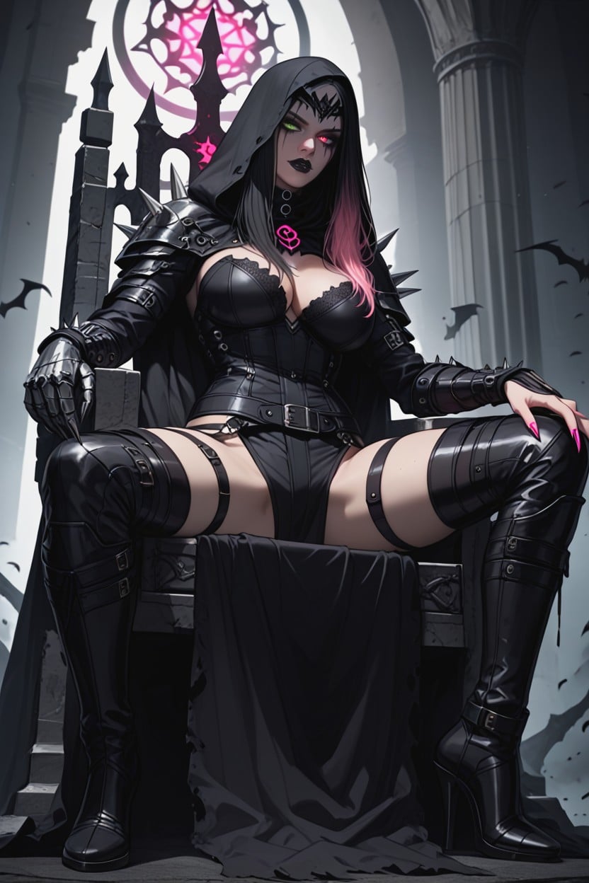 Relaxed But Dominant Pose, Wearing Black Gothic Leather Armor, Gothic Assassin Queen Hentai IA