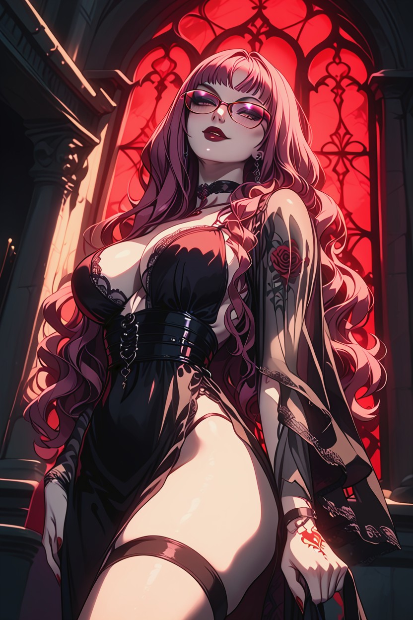 18+, Red Lips, Leaning Back Against A Gothic Column Hentai IA