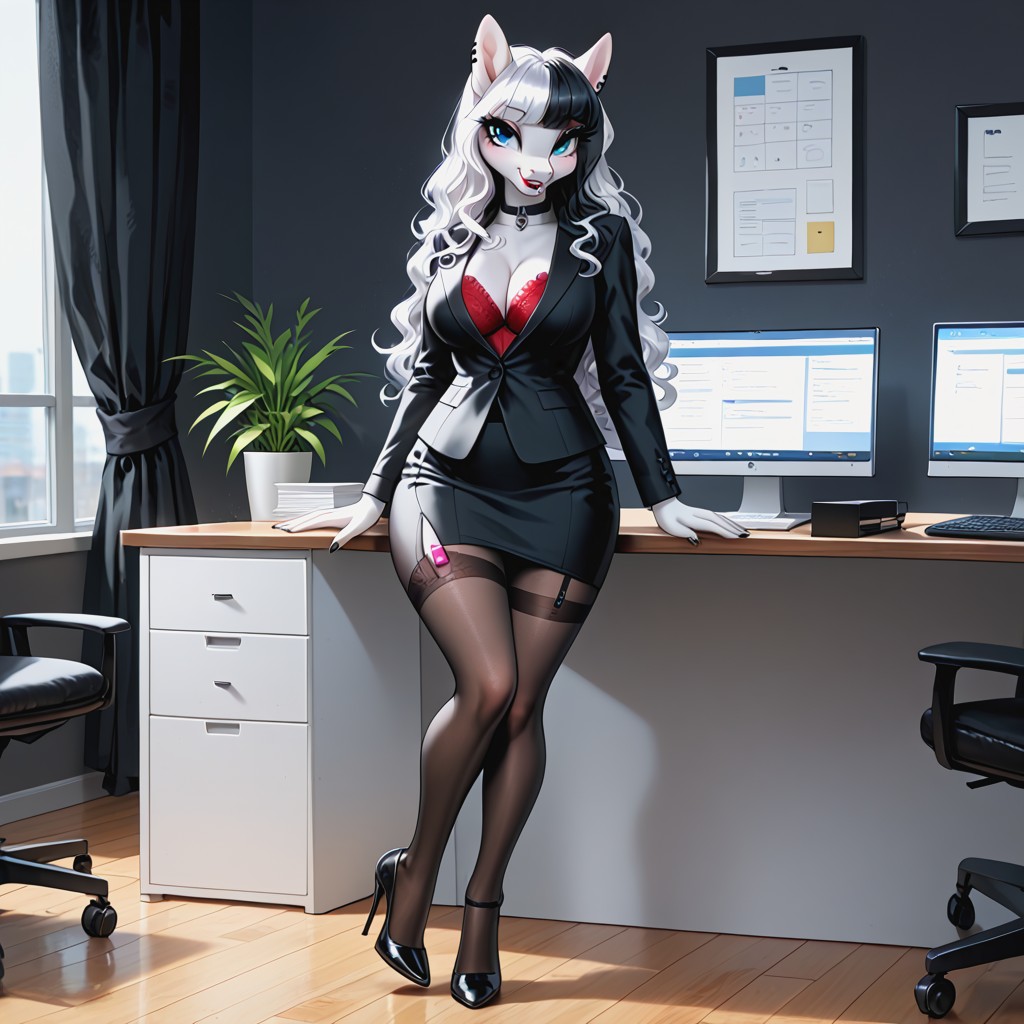 Thick Red Lipstick, White Body, Black Choker Collar Furry AI Porn