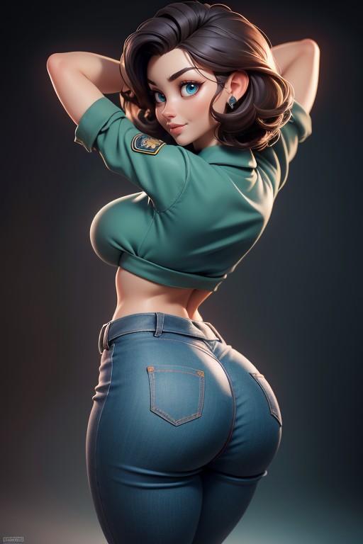 Very Short Hair, Naked Massive Booty, Extremely Dark Brown Hair Hentai AI Porn
