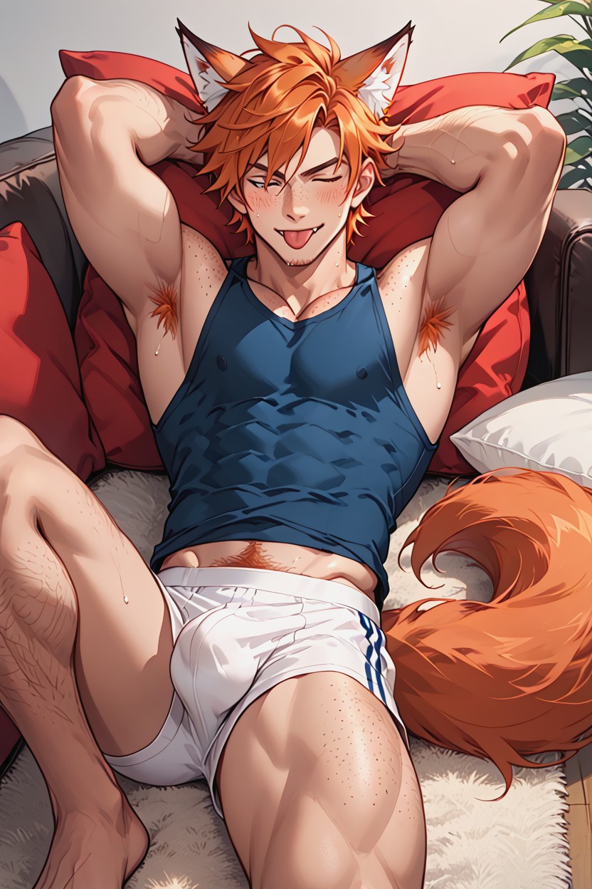 He Has A Detailed Bulge, Giving Him A Wild And Rebellious Appearance He Has Large, Laying AI Gay Porn