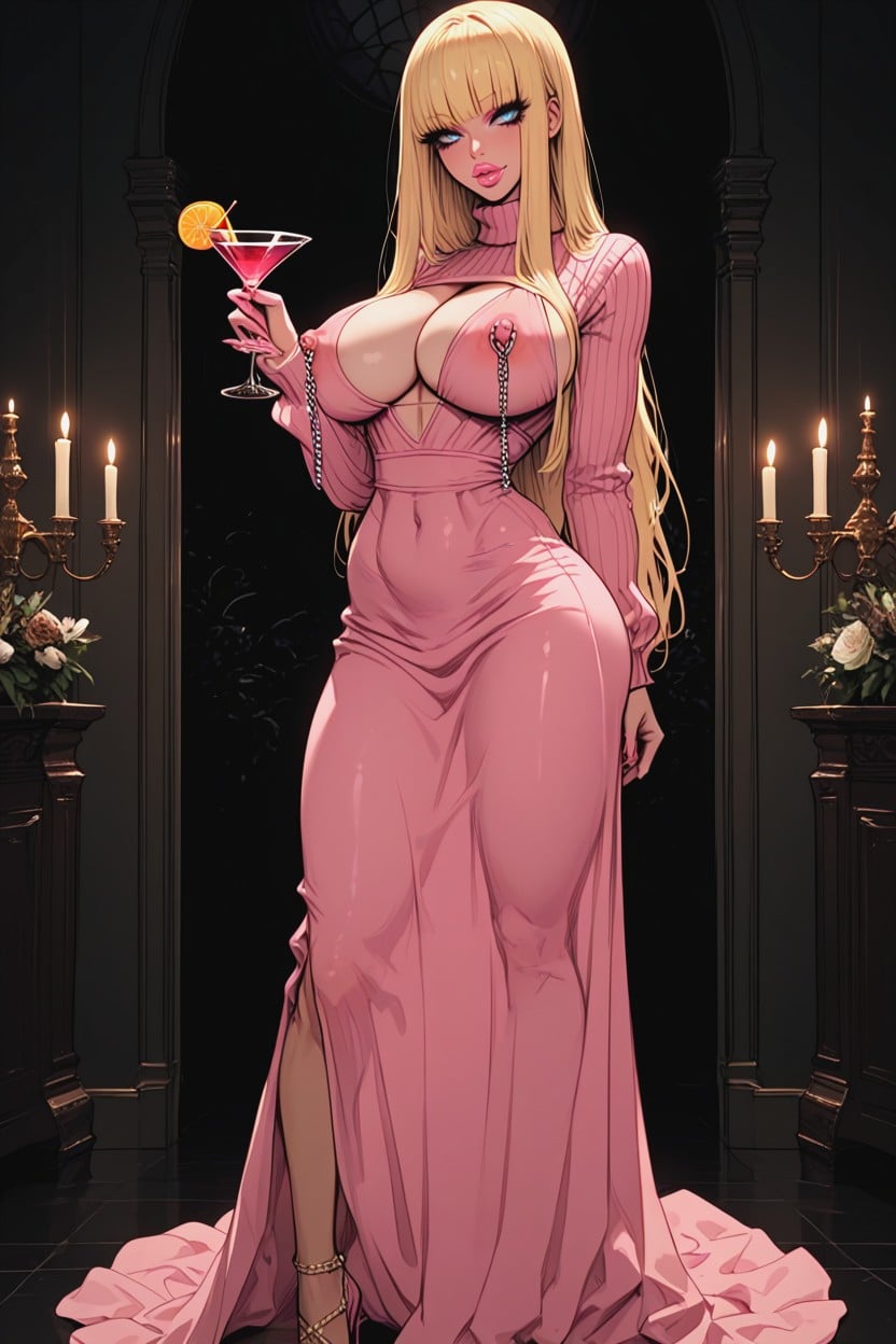 Transparent Pink Dress, Showing Massive Cleavage, High Heels AI Porn
