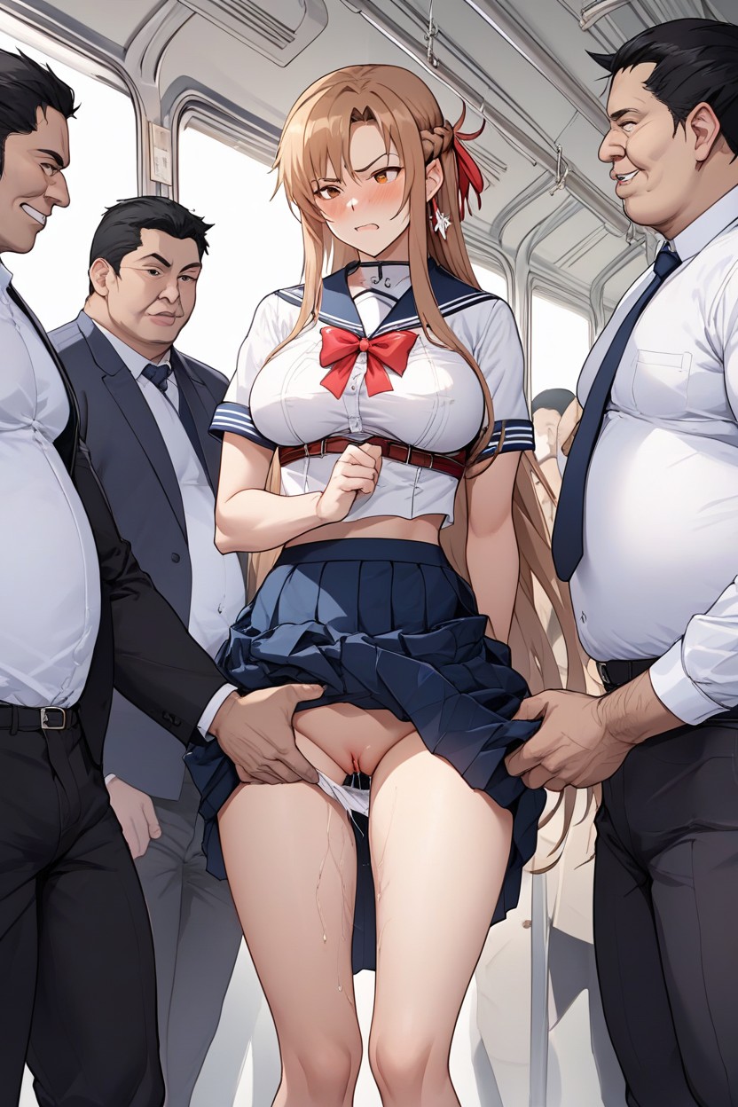 Multiple Men, Ugly Fat Man, Asuna's Standard Outfit Hentai AI Porn