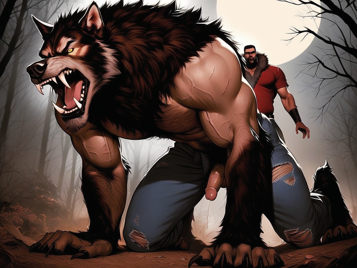 Werewolf Has Thick Brown Fur, 2 People, Waist Shot AI Gay Porn