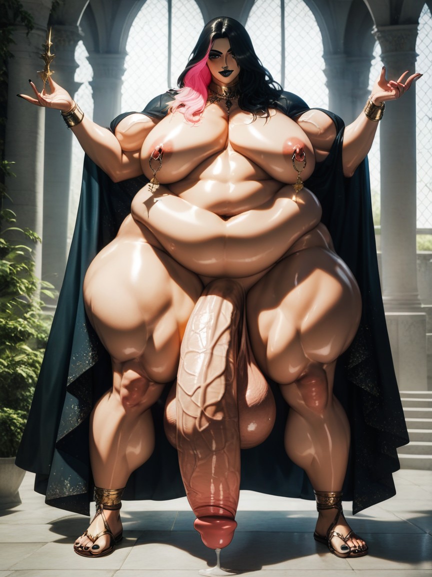 Morbidly Obese, Huge Areolas, Holding Dagger Shemale AI Porn