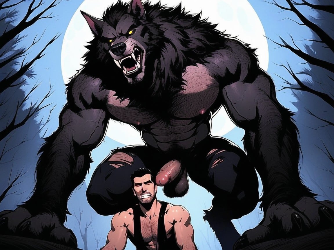 Clenched Teeth, Mouth Agape, Massive Muscular Werewolf Large Hair Covered Chest Muscles AI Gay Porn