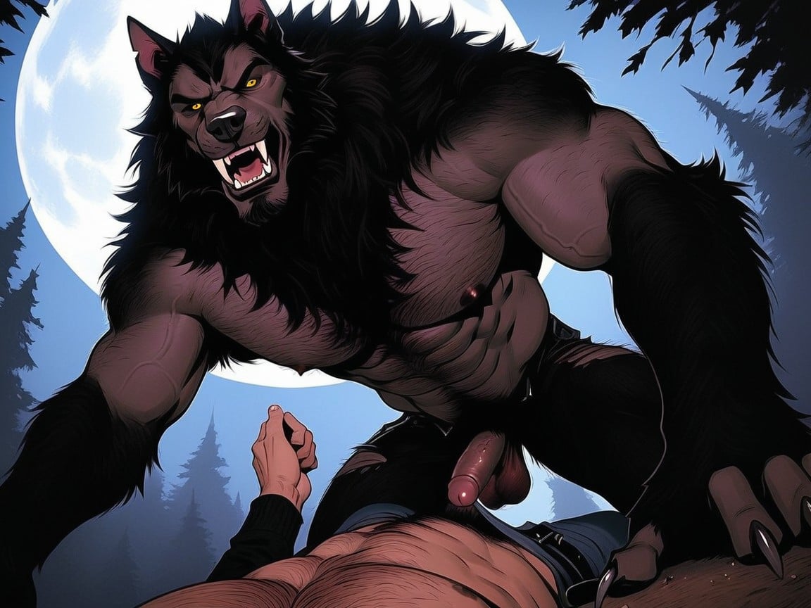 The Werewolf The Werewolfs Erected Red Veiny Penis Is Poking Out Its Hairy Sheath, Small, Balls Are Dangling Between His Legs AI Gay Porn