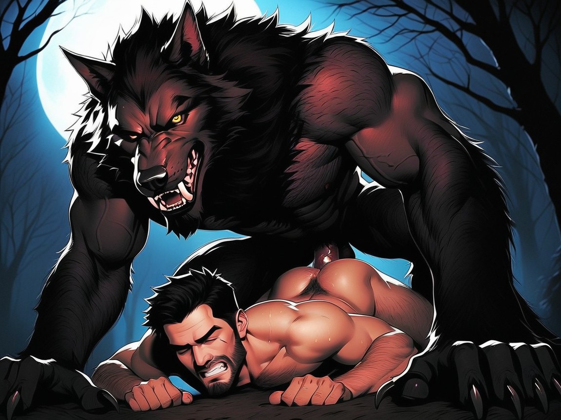 Angry, Muscular Werewolf Body, The Werewolf The Werewolf's Erected Red Veiny Penis Is Penetrating The White Male AI Gay Porn