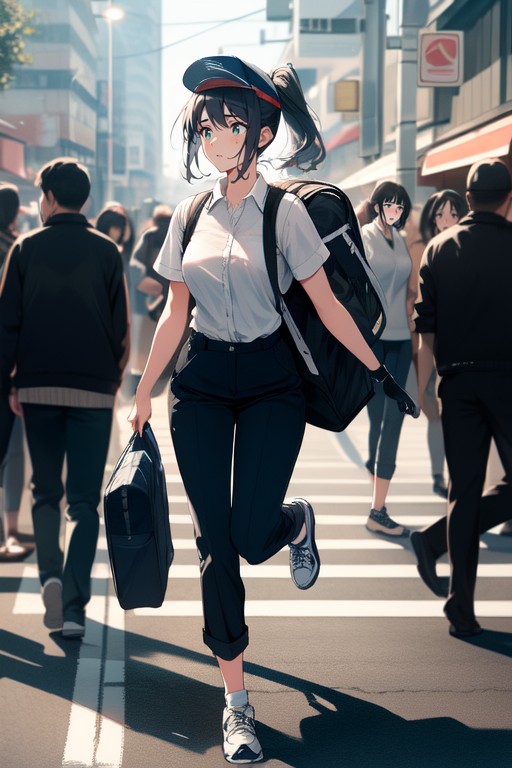 Many Pedestrians Around, Hot Sunny Day, Cinematic Hentai KI Porno