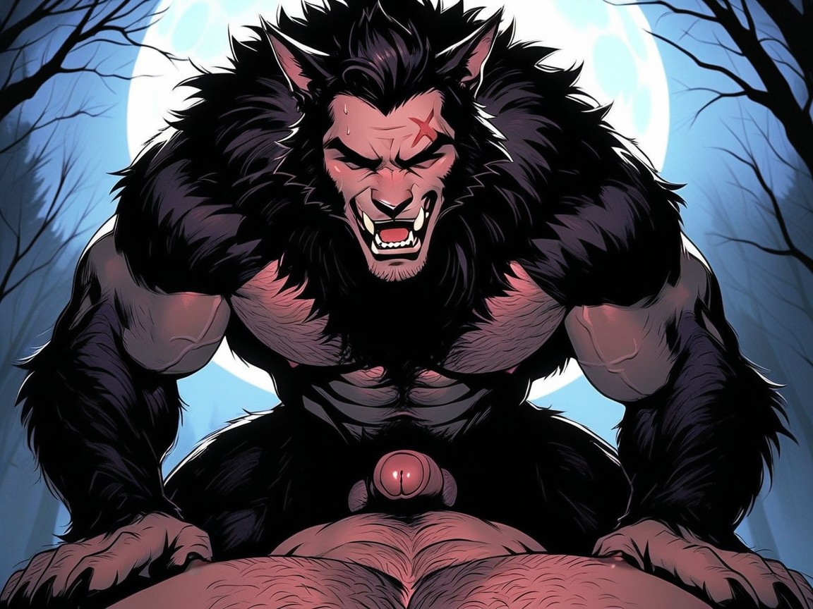 Werewolf Has Thick Black Fur, Mouth Agape, The Werewolf Has A Hairy Wolflike Body AI Gay Porn