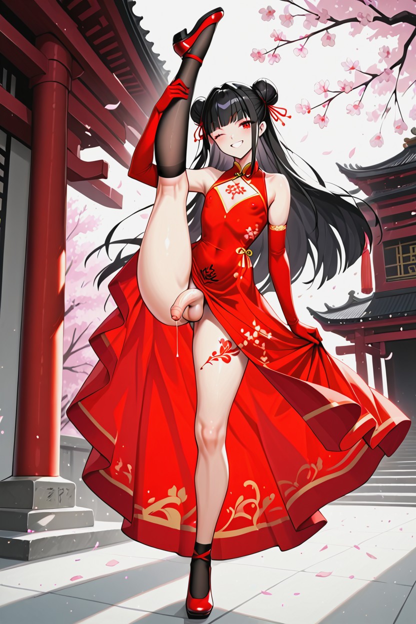Futanari, Layered Silks Long Skirt, Unfed Body Shemale AI Porn
