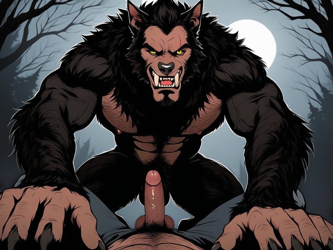Balls Are Dangling Between His Legs, A Highly Detailed Photorealistic Drawing Of Gay Werewolf Viewed From Below, Jeans AI Gay Porn