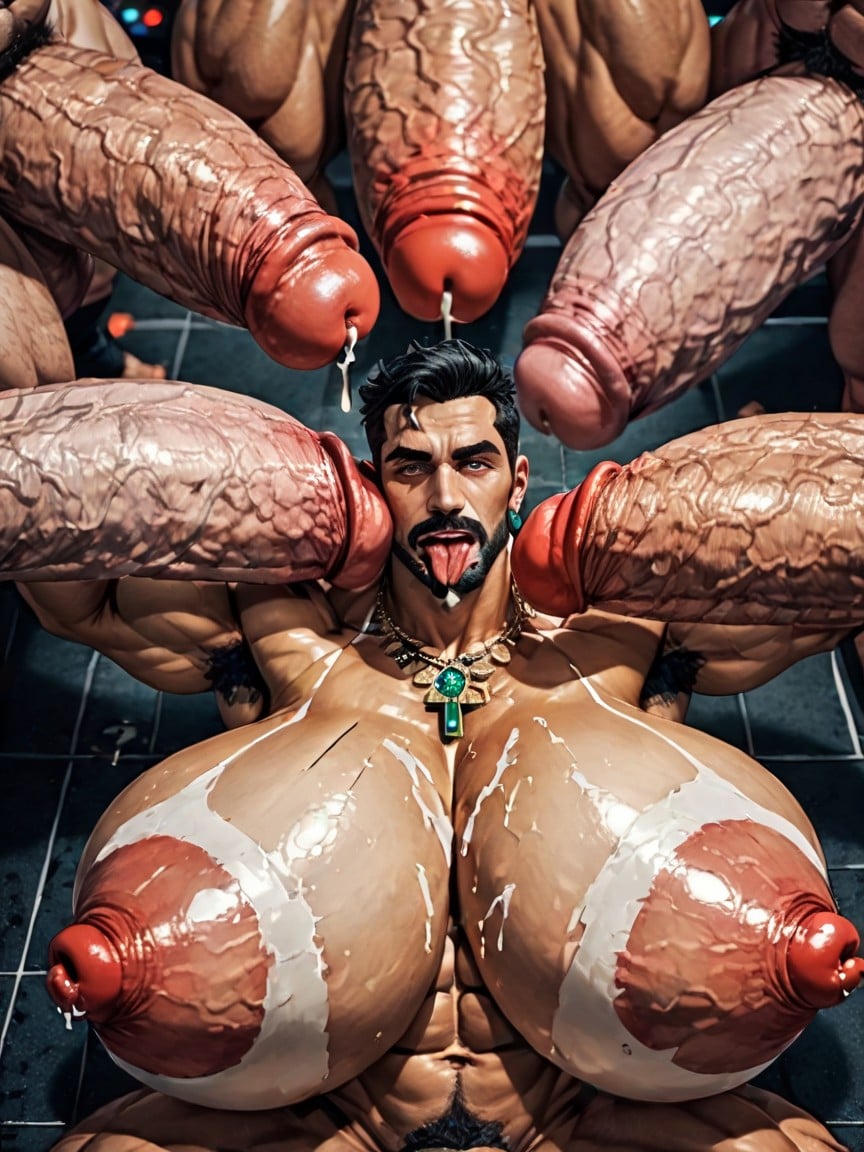 Only Hyper Breasts, Massive Thick Bulky Hairy Muscles, Mouth Agape AI Gay Porn