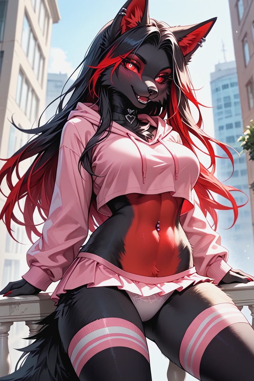 Pink Ribbon On Thigh, Black Female Fox, Looking At Viewer Furry AI Porn