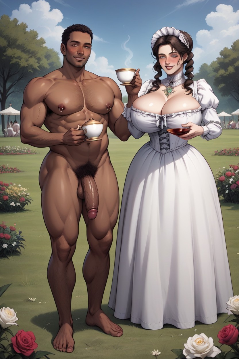 Black Man, Woman Wearing Mint Green Victorian Era Dress, Thick Thighs Hentai AI Porn