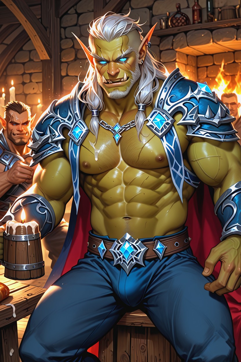 Muscular Masculine Man, Old Wooden Tavern, Male Only AI Gay Porn