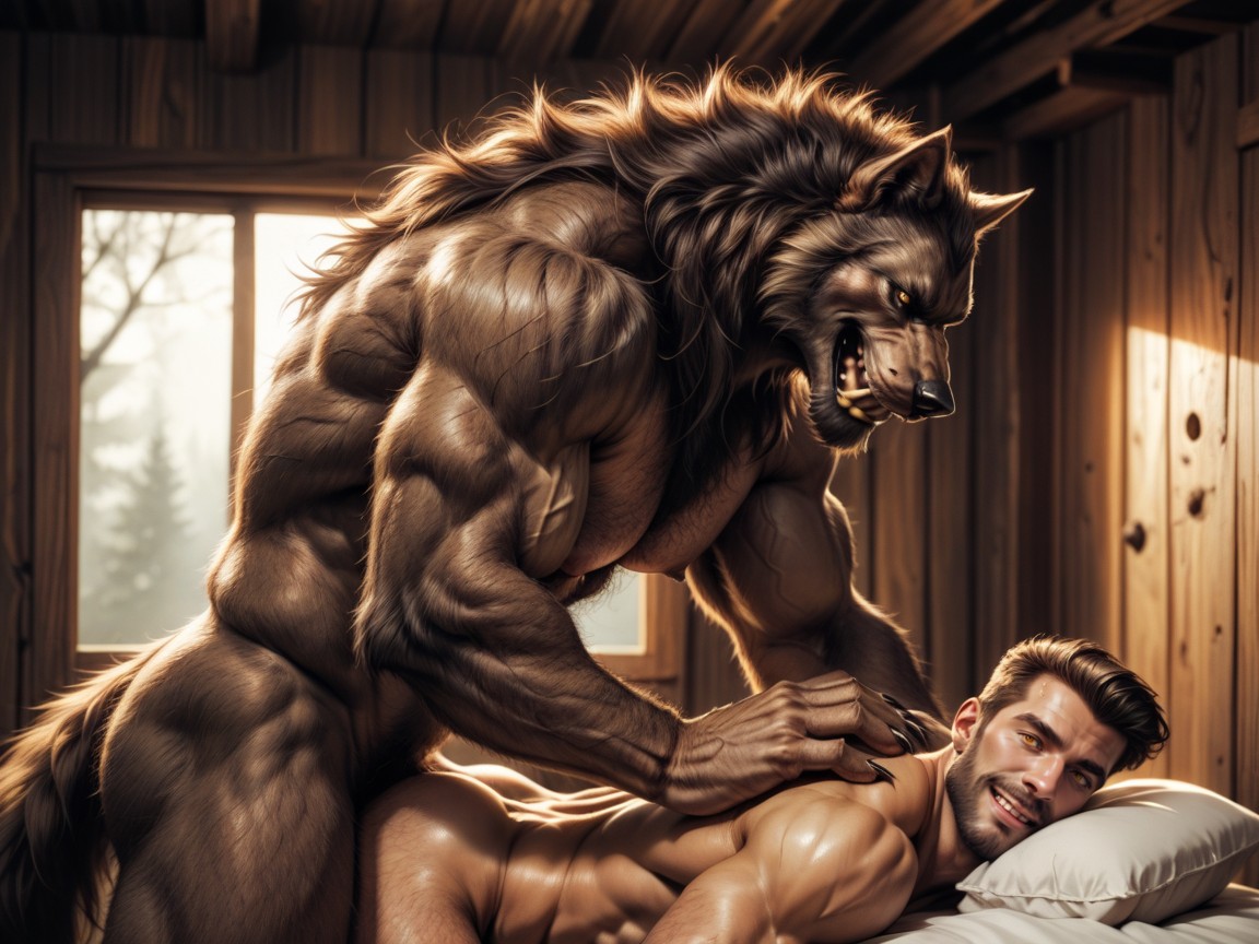 Werewolf Sweating, 2 People, Werewolf Huge Upper Body And Oversized Large Arms AI Gay Porn