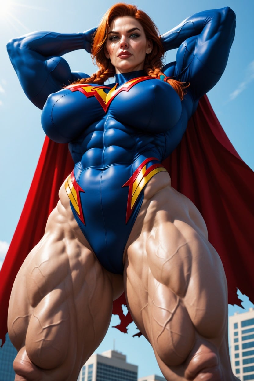 Full-body Dressed Like A Superhero, Flexing Arms, Cape AI Porn