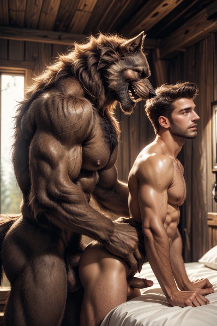 Bed, Werewolf Has Kind Large Excited Yellow Eyes, Plano Mediot Porno gay IA
