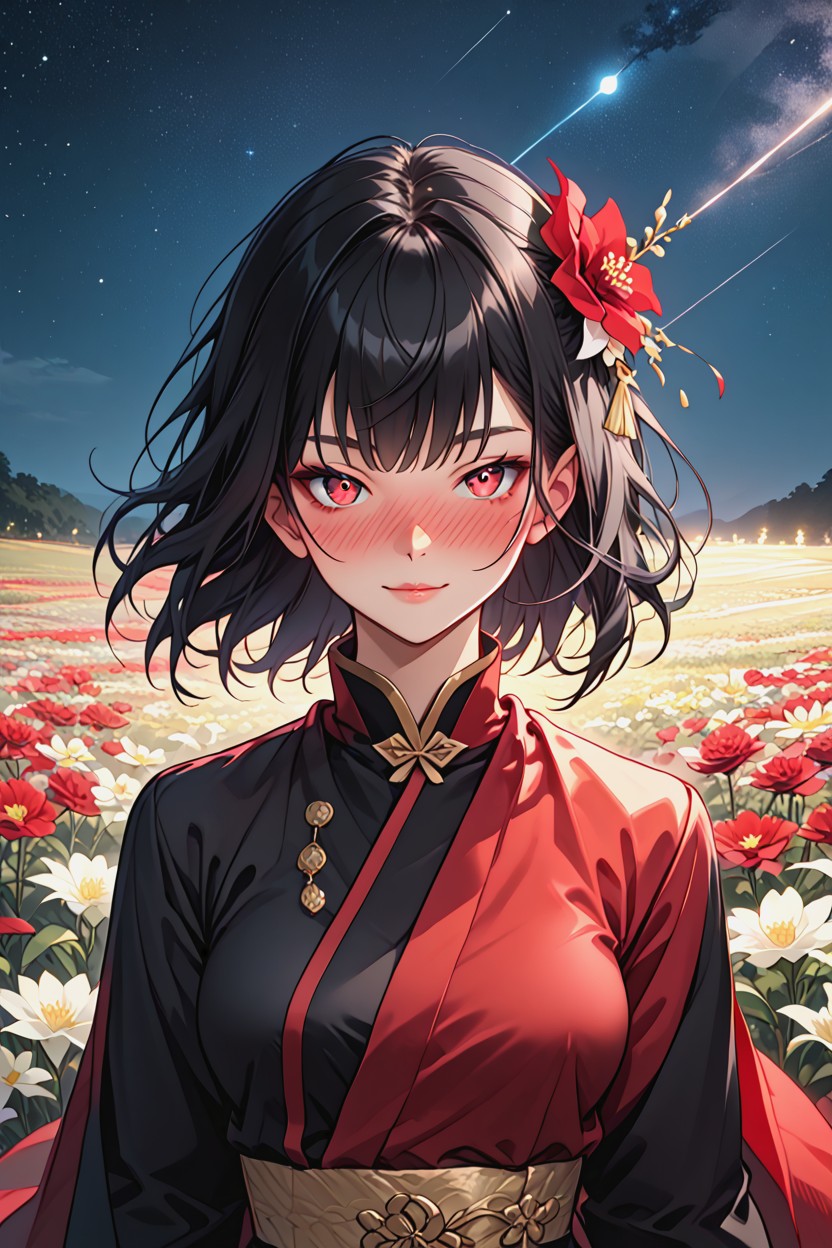 Wind In Hair, Flower Field, Japanese Hentai AI Porn