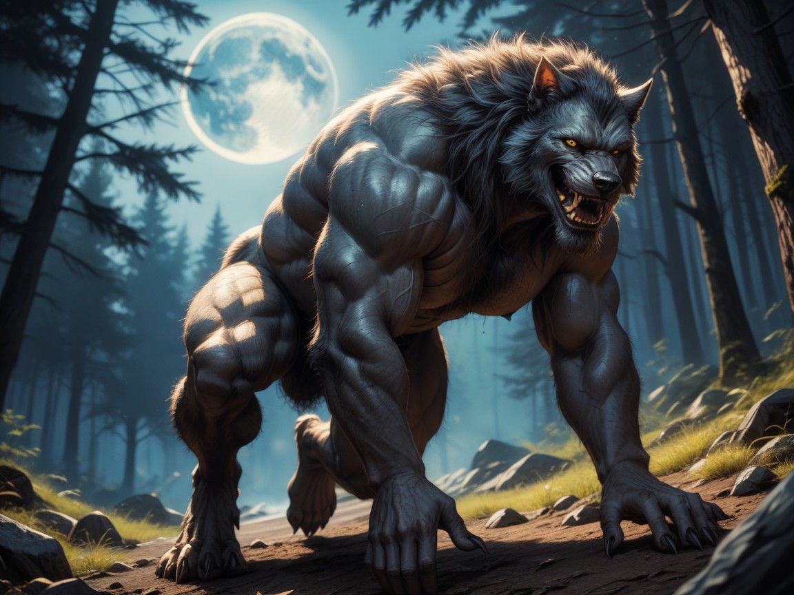 Front View, The Werewolfs Body Is Covered In Fine Grey Fur, Side View AI Gay Porn