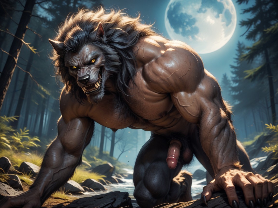 Werewolf Has Hairy Muscular Digitigrade Legs, Waist Shot, Werewolf Sweating AI Gay Porn